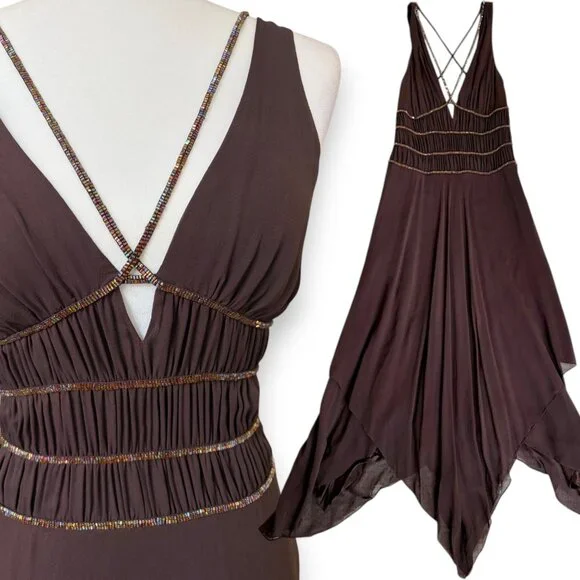Y2K BCBGMAXAZRIA Brown Asymmetrical Fairy Dress Breaded, Size 4, 100% Silk - Picture 2 of 11
